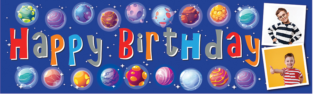 Personalised Happy Birthday Banner - Planets Space - Custom Name & 2 Photo Upload
