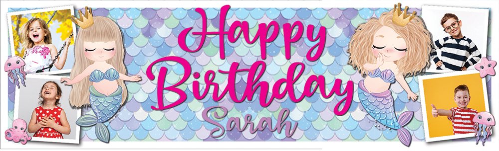 Personalised Happy Birthday Banner - Princess Mermaid - Custom Name & 4 Photo Upload