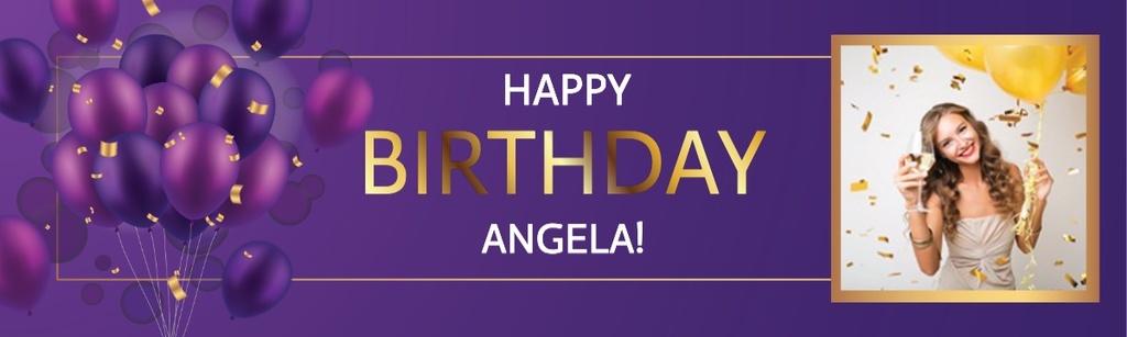 Personalised Happy Birthday Banner - Purple Party Balloons - Custom Name & 1 Photo Upload