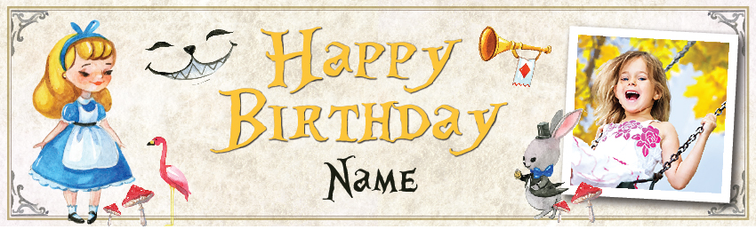 Personalised Happy Birthday Banner - Rabbit Cat Alice In Wonderland - 1 Photo Upload