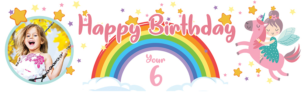 Personalised Happy Birthday Banner - Rainbow & Pink Unicorn - Enter Your Age & 1 Photo Upload