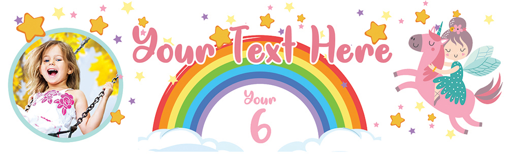 Personalised Happy Birthday Banner - Rainbow & Unicorn - Text, Age & 1 Photo Upload