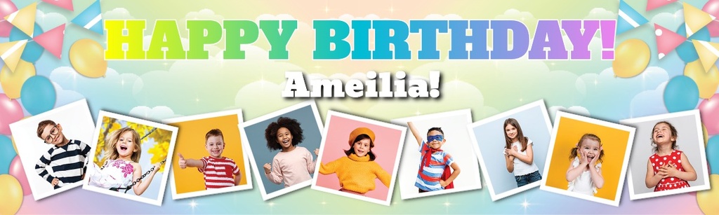 Personalised Happy Birthday Banner - Rainbow Balloons - 9 Photo Upload