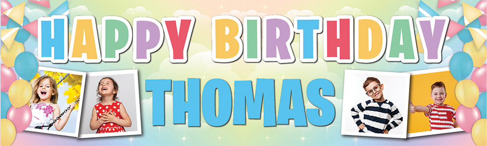 Personalised Happy Birthday Banner - Rainbow Balloons - Custom Name & 4 Photo Upload