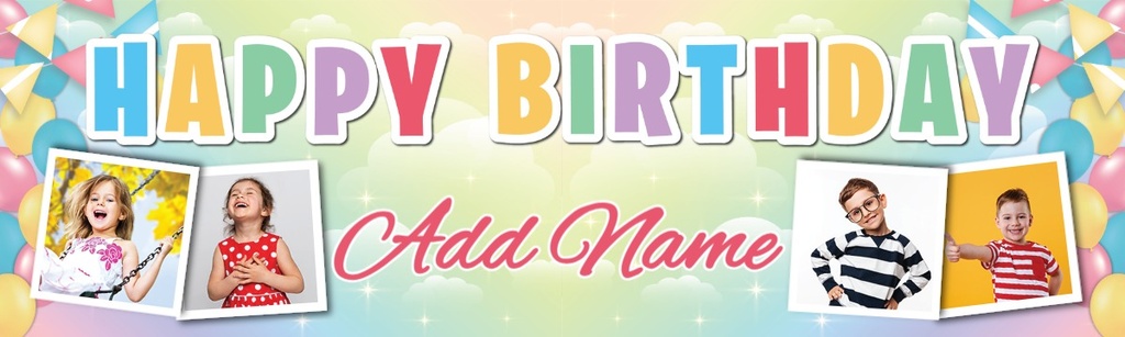 Personalised Happy Birthday Banner - Rainbow Balloons - Custom Name & 4 Photo Upload