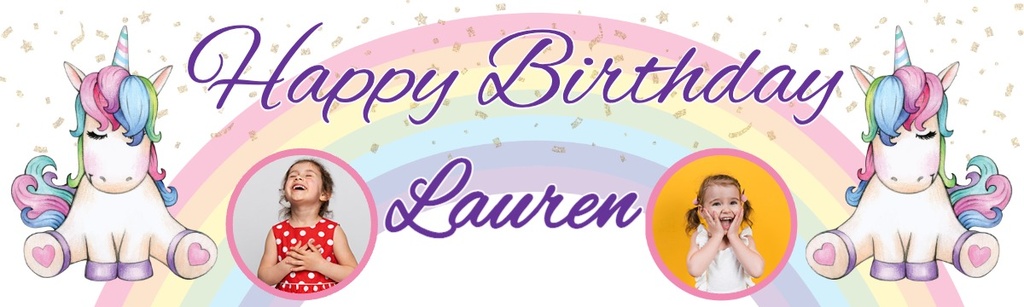 Personalised Happy Birthday Banner - Rainbow Unicorn Fairytale - Custom Name & 2 Photo Upload