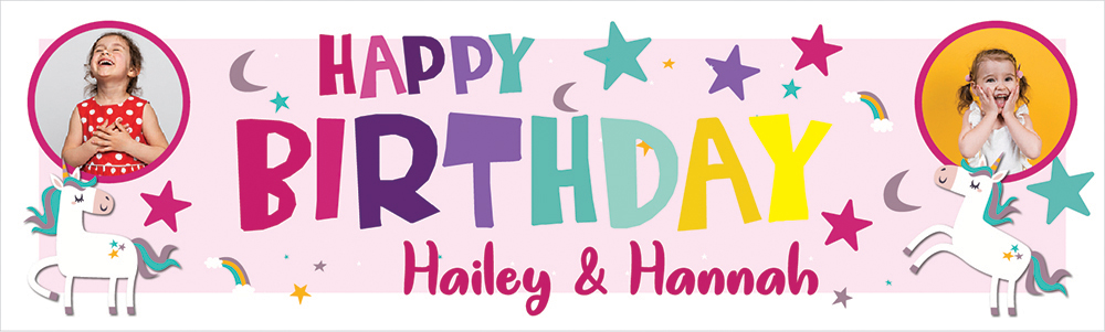 Personalised Happy Birthday Banner - Rainbow Unicorn Twins - Custom Name & 2 Photo Upload