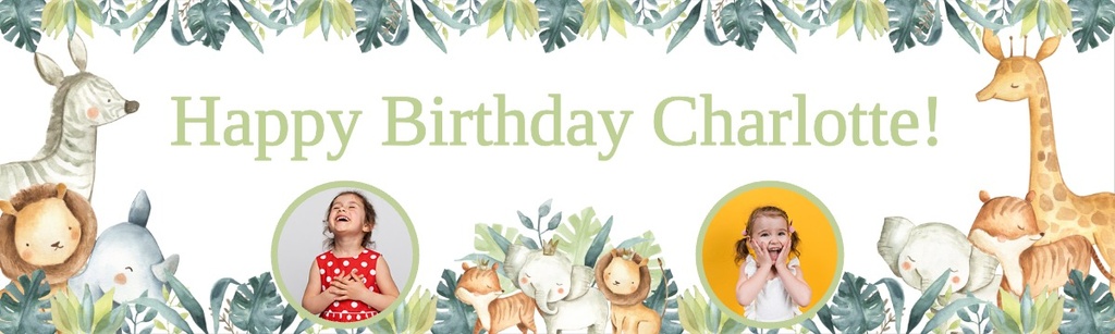 Personalised Happy Birthday Banner - Safari Animal Friends - Custom Text & 2 Photo Upload