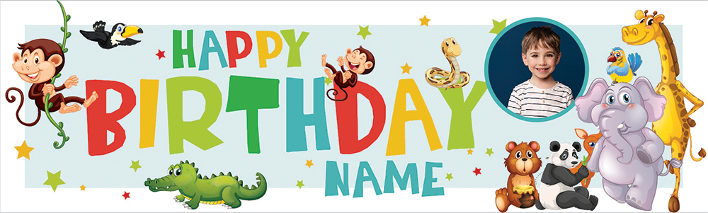 Personalised Happy Birthday Banner - Safari Animal Party Kids - Custom Name & 1 Photo Upload