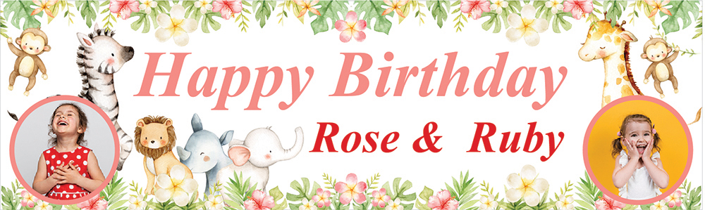 Personalised Happy Birthday Banner - Safari Animals Twins - Custom Name & 2 Photo Upload