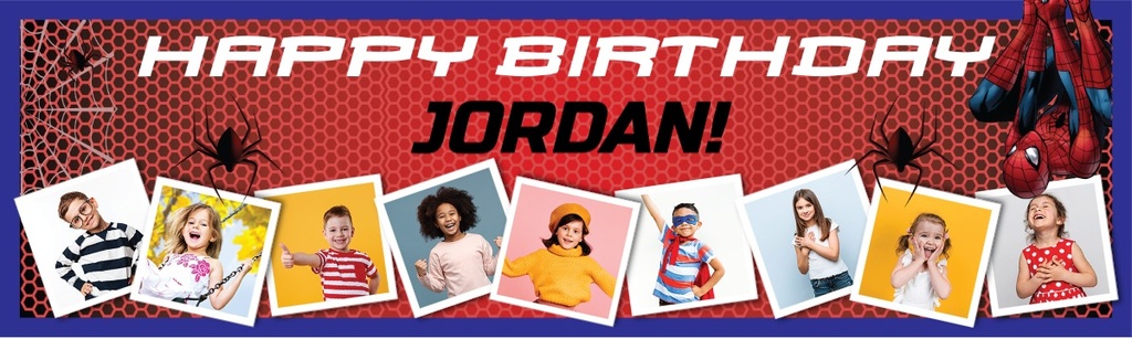 Personalised Happy Birthday Banner - Spider Man Superhero - Custom Name & 9 Photo Upload