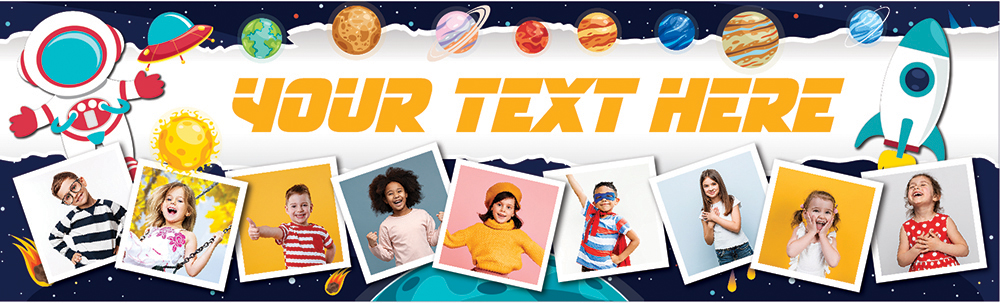 Personalised Happy Birthday Banner - Space Planets - Custom Text & 9 Photo Upload