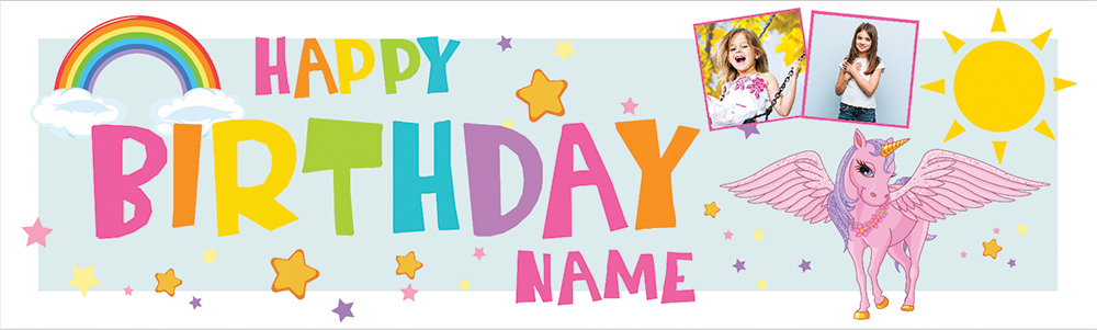 Personalised Happy Birthday Banner - Sunshine Rainbow Unicorn - Custom Name & 2 Photo Upload