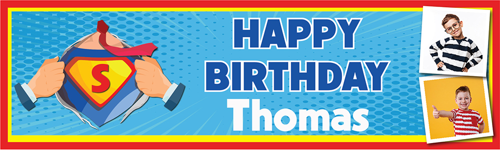 Personalised Happy Birthday Banner - Superman Design Superhero - Custom Name & 2 Photo Upload