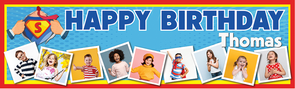 Personalised Happy Birthday Banner - Superman Design Superhero - Custom Name & 9 Photo Upload