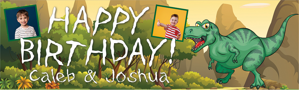 Personalised Happy Birthday Banner - T-Rex Dinosaur Twins - Custom Name & 2 Photo Upload