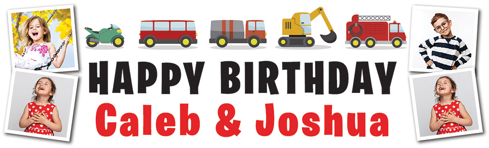 Personalised Happy Birthday Banner - Trucks Twins - Custom Name & 4 Photo Upload