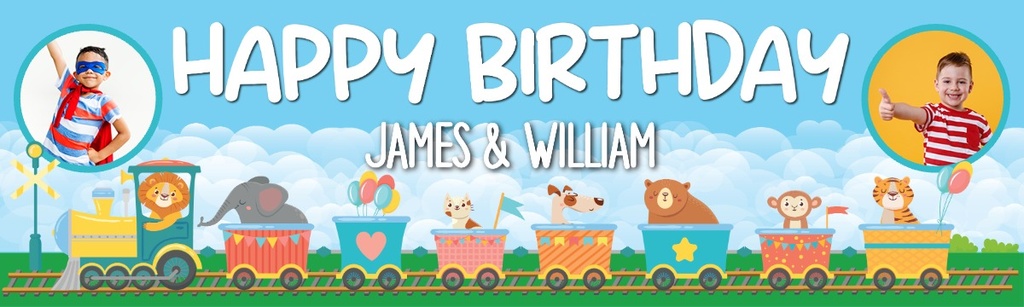 Personalised Happy Birthday Banner - Twins - Custom Name & 2 Photo Upload