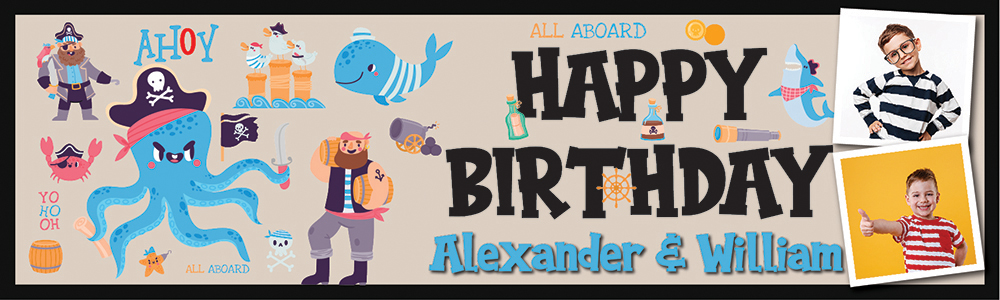 Personalised Happy Birthday Banner - Twins Pirate - Custom Name & 2 Photo Upload