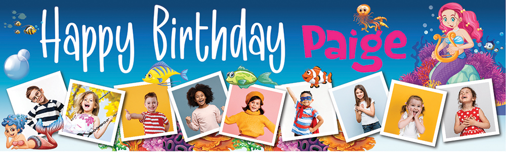 Personalised Happy Birthday Banner - Under The Sea Mermaid - Custom Name & 9 Photo Upload