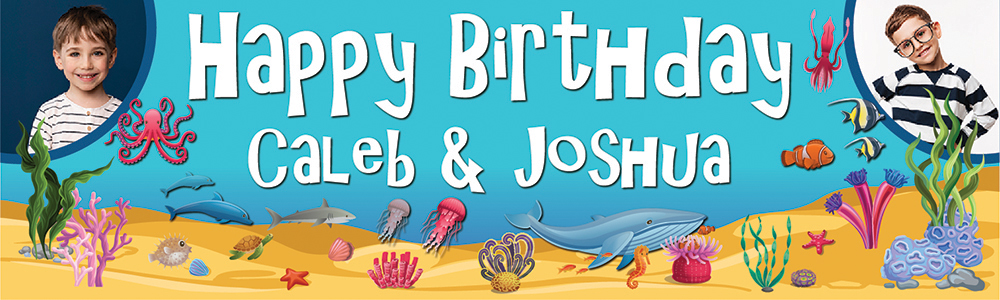 Personalised Happy Birthday Banner - Under The Sea Twins - Custom Name & 2 Photo Upload