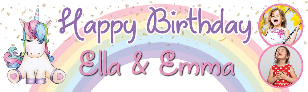 Personalised Happy Birthday Banner - Unicorn Party Twins - Custom Name & 2 Photo Upload