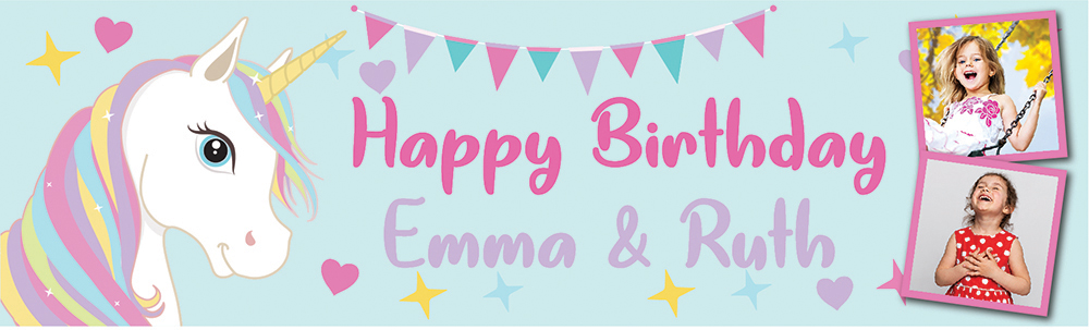 Personalised Happy Birthday Banner - Unicorn Twins - Custom Name & 2 Photo Upload