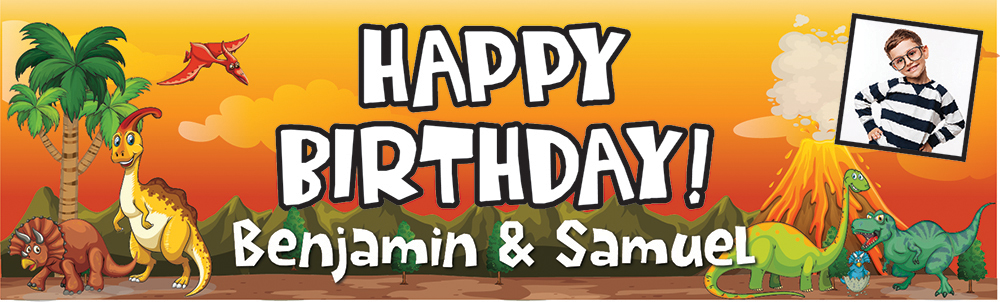 Personalised Happy Birthday Banner - Volcano Dinosaur Twins - Custom Name & 1 Photo Upload