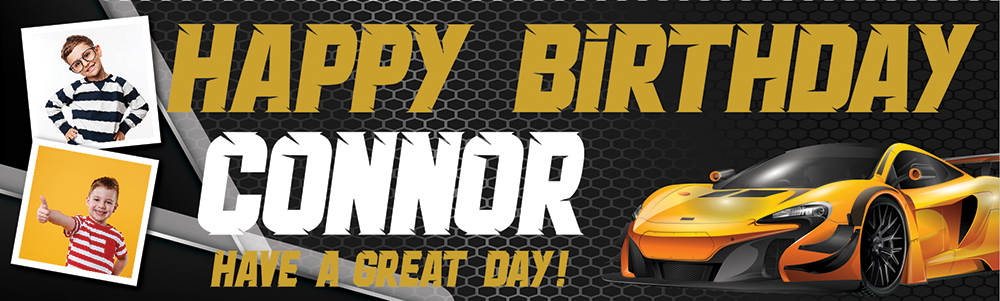 Personalised Happy Birthday Banner - Yellow Sports Car - Custom Name & 2 Photo Upload