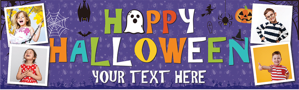 Personalised Happy Halloween Party Banner - Ghosts & Ghouls - Custom Text & 4 Photo Upload