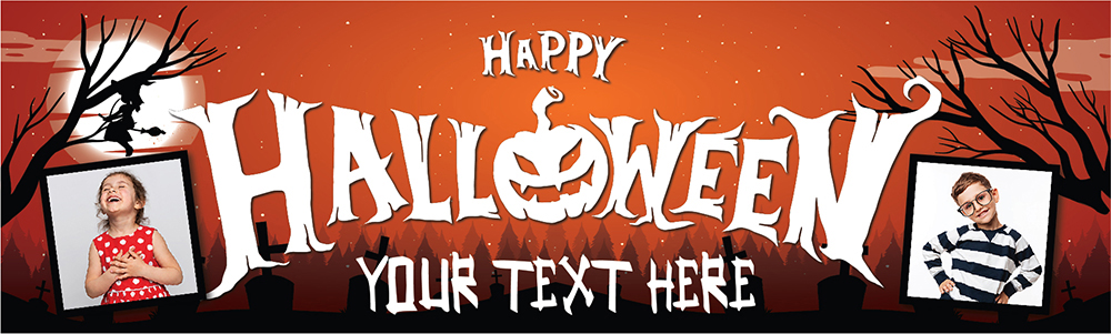 Personalised Happy Halloween Party Banner - Spooky Graveyard - Custom Text & 2 Photo Upload