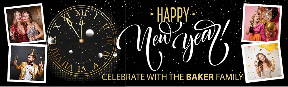 Personalised Happy New Year Banner - Black & Gold Stroke Of Midnight - Custom Text & 4 Photo Upload