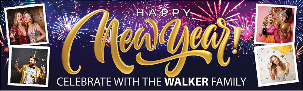 Personalised Happy New Year Banner - Fireworks - Custom Text & 4 Photo Upload