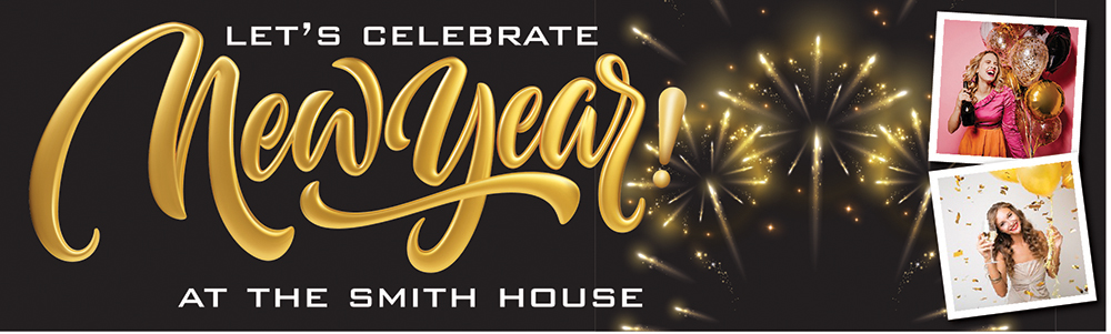 Personalised Happy New Year Banner - Gold Fireworks - Custom Text & 2 Photo Upload