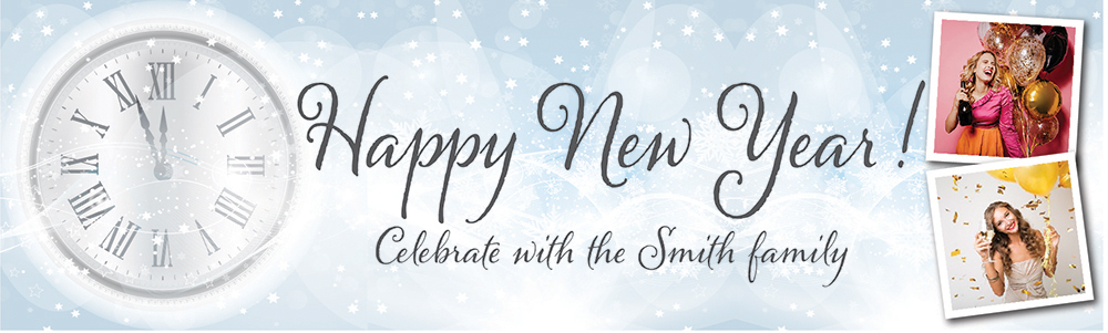 Personalised Happy New Year Banner - Winter Stroke Of Midnight - Custom Text & 2 Photo Upload