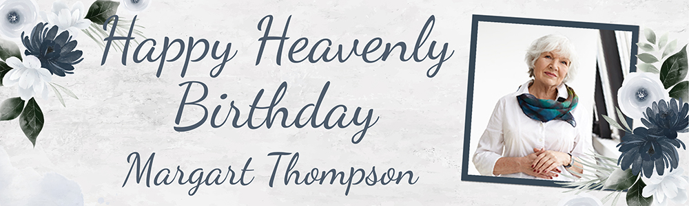 Personalised Heavenly Birthday Banner - Blue Floral Design - Custom Name & 1 Photo Upload