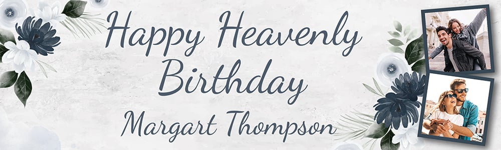 Personalised Heavenly Birthday Banner - Blue Floral Design - Custom Name & 2 Photo Upload