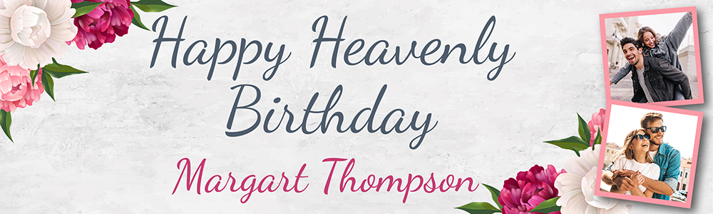 Personalised Heavenly Birthday Banner - Pink Floral Design - Custom Name & 2 Photo Upload