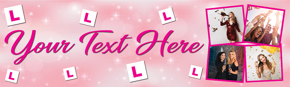 Personalised Hen Do Banner - L Badge Pink Hen Party - Custom Text & 4 Photo Upload