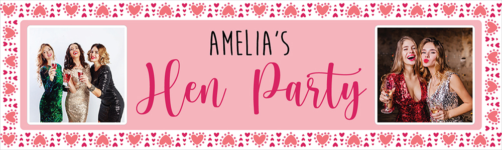 Personalised Hen Do Banner - Pink Love Heart - Custom Name & 2 Photo Upload