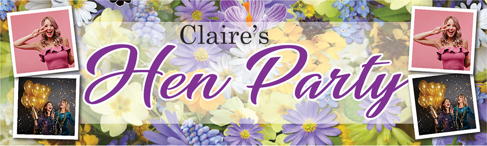 Personalised Hen Do Banner - Purple Flowers - Custom Name & 4 Photo Upload