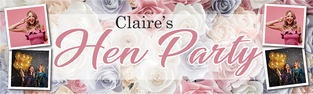 Personalised Hen Do Banner - Roses Hen Party - Custom Name & 4 Photo Upload