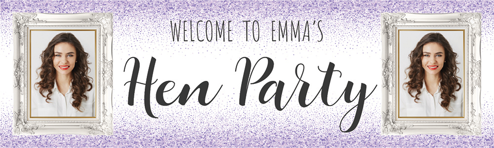 Personalised Hen Do Banner - Welcome To The Hen Party Purple - Custom Name & 2 Photo Upload