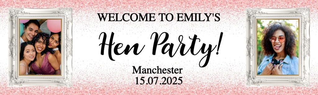 Personalised Hen Party Banner - Pink Welcome - Custom Name & 2 Photo Upload