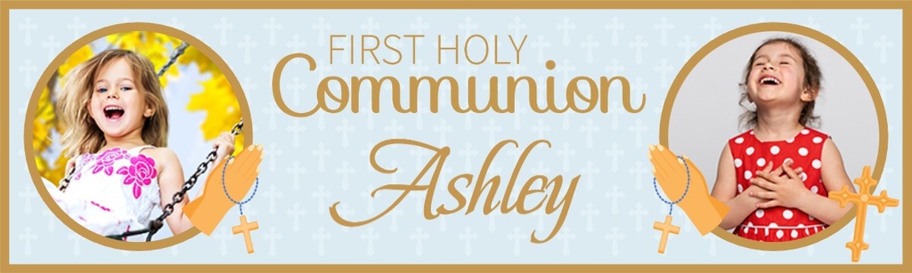 Personalised Holy Communion Banner - Gold & Blue Design - Name & 2 Photo Upload