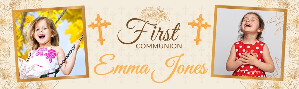 Personalised Holy Communion Banner - Gold Cross Design - Custom Text & 2 Photo Upload