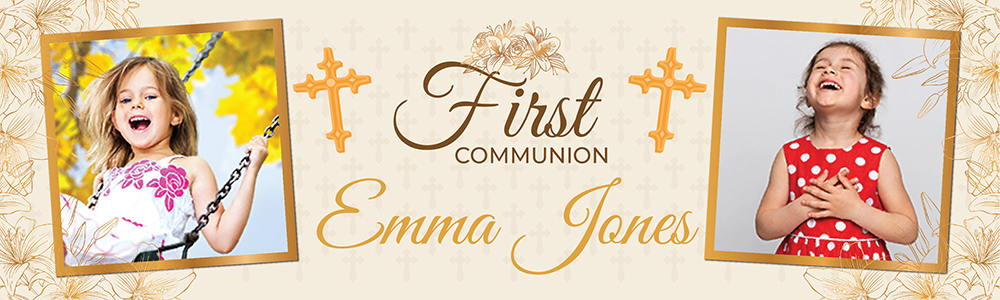 Personalised Holy Communion Banner - Gold Cross Design - Custom Text & 2 Photo Upload