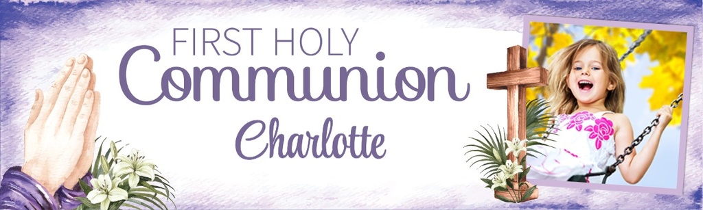 Personalised Holy Communion Banner - Purple Design - Custom Name & 1 Photo Upload