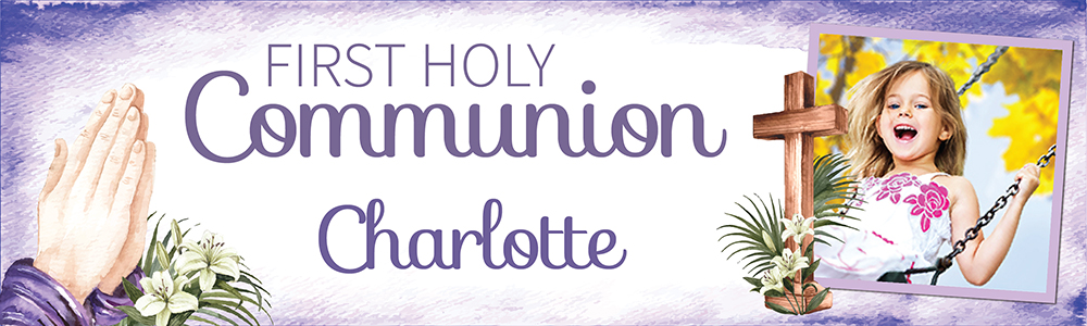 Personalised Holy Communion Banner - Purple Design - Custom Name & 1 Photo Upload