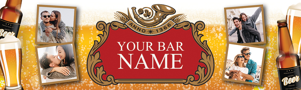 Personalised Home Bar Banner - Beer Pint Lager Background - Custom Text & 4 Photo Upload